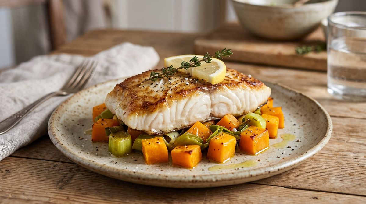 Pan-seared halibut fillet with a golden crust resting on roasted butternut squash and leeks on a rustic ceramic plate.