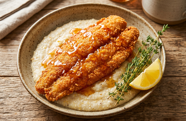 A golden-brown fried catfish fillet drizzled with hot honey, served over creamy grits in a ceramic bowl on a sunlit table.