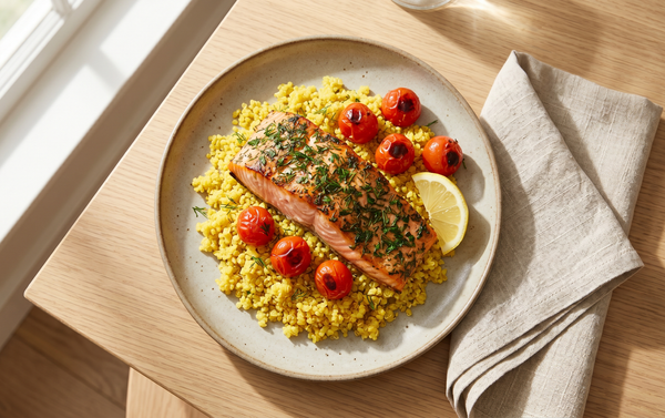 A freshly roasted wild salmon fillet topped with green herbs, served over fluffy lemon quinoa with a side of halved cherry tomatoes on a ceramic plate.