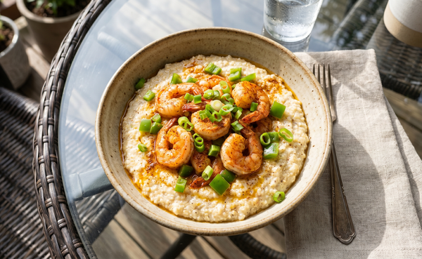 A rustic ceramic bowl filled with creamy stone-ground grits topped with vibrant pink Cajun-spiced shrimp, diced green peppers, and scallions on a patio table.