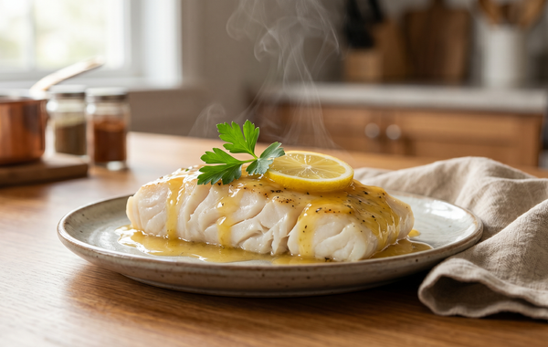 A flaky, white baked cod fillet topped with a golden lemon-butter sauce and fresh parsley on a ceramic plate.