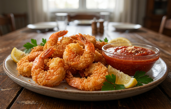 A platter of crispy golden fried shrimp served with lemon wedges and a side of red cocktail sauce on a wooden table.