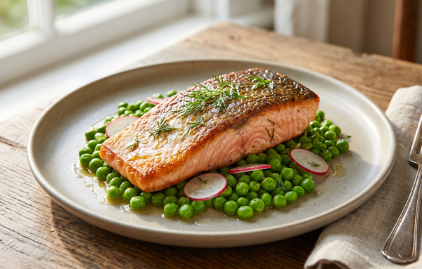 A pan-seared Arctic Char fillet with crispy golden skin served over a bed of bright green peas and radishes on a ceramic plate.