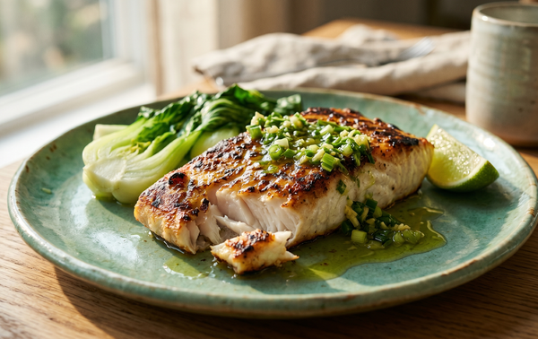 A golden-brown broiled striped bass fillet topped with vibrant green ginger-scallion oil on a ceramic plate with steamed baby bok choy.