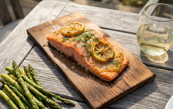 A cedar plank holding a grilled, vibrant pink wild-caught salmon fillet glazed with mustard and honey, garnished with fresh dill and lemon wheels on an outdoor patio table.