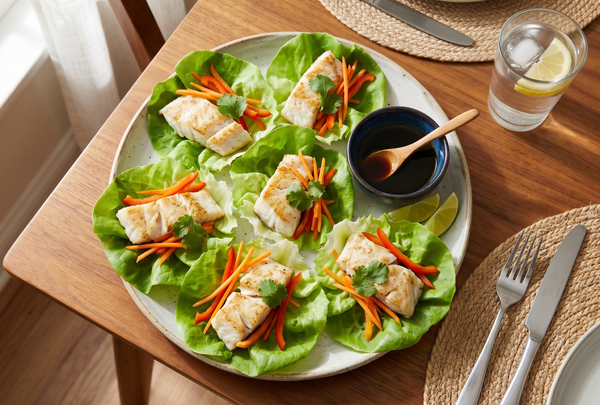 A close-up of fresh black drum and tilapia lettuce wraps garnished with shredded carrots and cilantro on a wooden dining table.