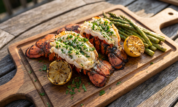 Two butterflied and grilled lobster tails with bright red shells and golden garlic butter, garnished with parsley and served with charred lemon halves on a rustic wooden board.