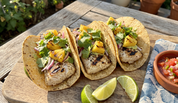 A close-up of three grilled mahi-mahi tacos in corn tortillas topped with fresh yellow pineapple salsa, served on a natural wood outdoor table with lime wedges.