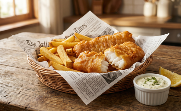 A rustic basket lined with newspaper print filled with crispy, golden-brown beer-battered cod fillets, thick-cut fries, a lemon wedge, and a side of creamy tartar sauce on a wooden table.