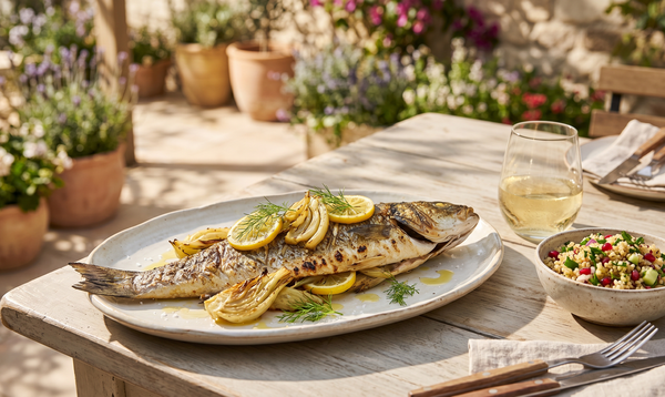A rustic outdoor table setting featuring a perfectly grilled whole sea bass stuffed with lemon and fennel, accompanied by a fresh side salad.