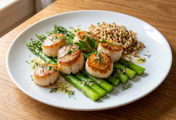 A white ceramic plate featuring golden-brown pan-seared sea scallops served over vibrant steamed spring asparagus and drizzled with a light lemon butter sauce.