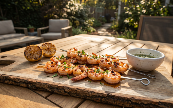 A rustic serving board on a patio table displaying wood-grilled shrimp skewers garnished with fresh herbs alongside charred lemon halves.