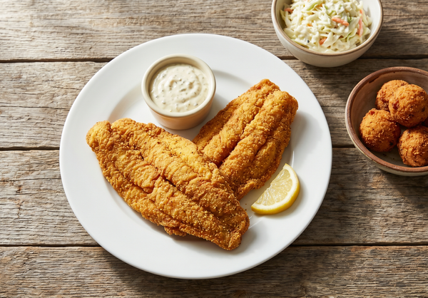 A plate of crispy, golden-brown fried catfish fillets served with tartar sauce, a lemon wedge, and a side of coleslaw on a rustic wooden table.