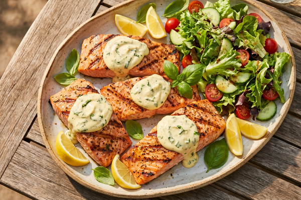 Grilled pink salmon filets with visible grill marks topped with creamy lemon-basil mayonnaise and served with fresh lemon wedges on a rustic platter.