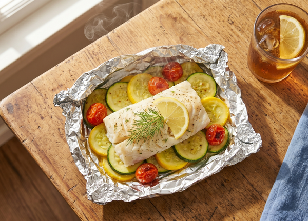 A freshly opened foil packet containing a flaky baked white cod fillet topped with lemon and dill, resting on a bed of roasted zucchini, squash, and cherry tomatoes.