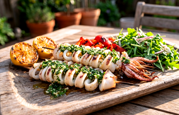 A platter of freshly grilled, bright white calamari skewers topped with vibrant green chimichurri sauce, served with lemon wedges on a rustic patio table.
