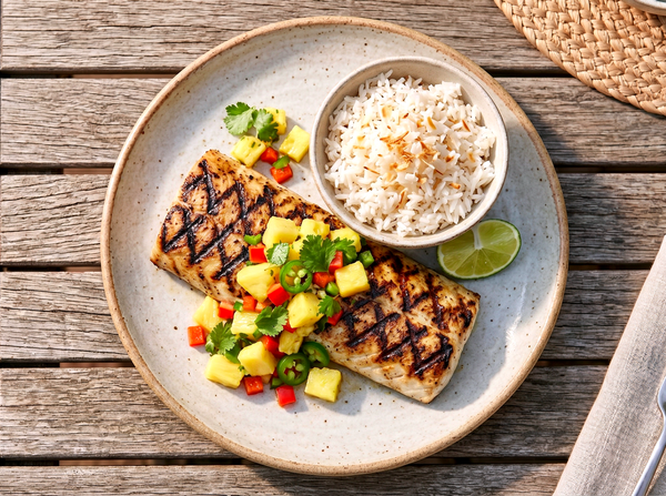 A perfectly grilled mahi-mahi fillet topped with a colorful pineapple and red bell pepper salsa served on a rustic plate.