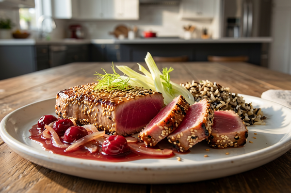 A sesame-crusted, seared Ahi tuna steak with a ruby-red center, sliced and served with a cherry and shaved fennel reduction on a rustic platter.