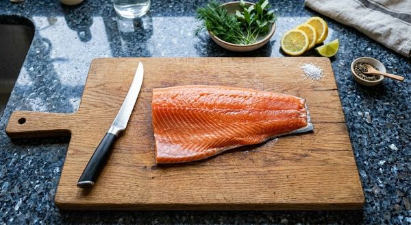 Fresh wild salmon fillet on a wooden cutting board with a fillet knife, preparing healthy seafood with fresh herbs and lemon on a blue granite counter.