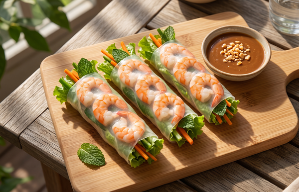 Three tightly wrapped fresh shrimp salad rolls filled with vibrant pink shrimp, green lettuce, and shredded carrots on a wooden board next to a small bowl of peanut dipping sauce.