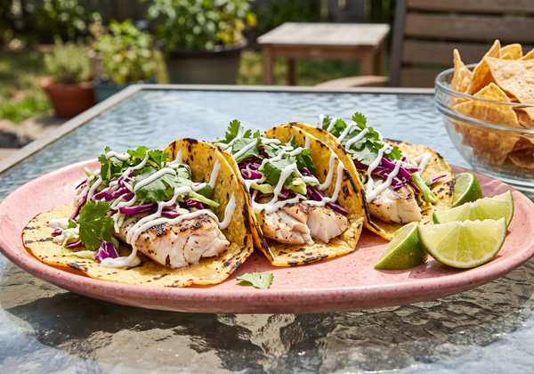 A pink platter holding three grilled porgy tacos in corn tortillas topped with colorful cabbage slaw and fresh cilantro, served outdoors.