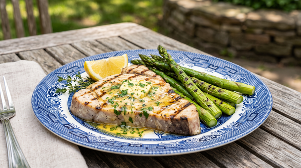 A perfectly grilled swordfish steak topped with melting garlic herb butter, served with grilled asparagus and a lemon wedge on a ceramic plate.