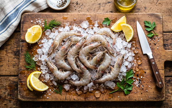 A vibrant overhead shot of fresh raw shrimp resting on a bed of crushed ice, accompanied by lemon wedges and a professional paring knife on a rustic wooden cutting board.