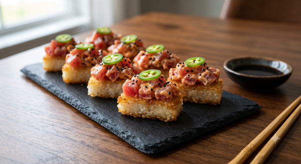 Golden, pan-fried rectangular sushi rice bites topped with vibrant diced raw yellowfin tuna in a spicy mayo sauce, garnished with sliced jalapeño on a sleek black serving plate.