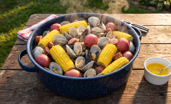 A rustic backyard spread featuring a steaming pot of fresh clams, sweet yellow corn on the cob, and red potatoes, served with melted butter and lemon wedges.