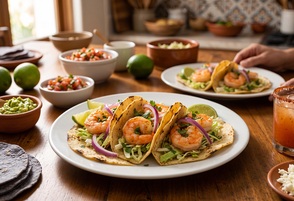 Three vibrant cilantro-lime fresh shrimp tacos in charred corn tortillas, topped with green cabbage and red onion on a classic white plate on a kitchen table.
