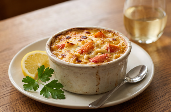 A golden-brown portion of baked crab imperial served in a ceramic ramekin with a side of fresh lemon wedges and parsley on a wooden table.