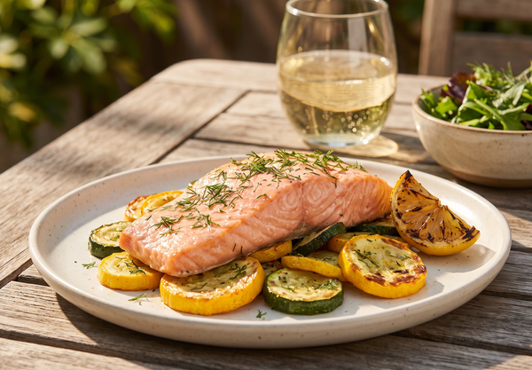 A plated portion of pink baked steelhead trout served over roasted yellow and green summer squash, garnished with fresh dill and lemon wedges on a rustic wooden table.