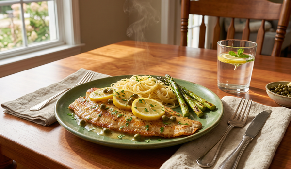 A pan-seared flounder fillet topped with a buttery lemon-caper sauce, served with angel hair pasta and asparagus on a finished wood dining table.