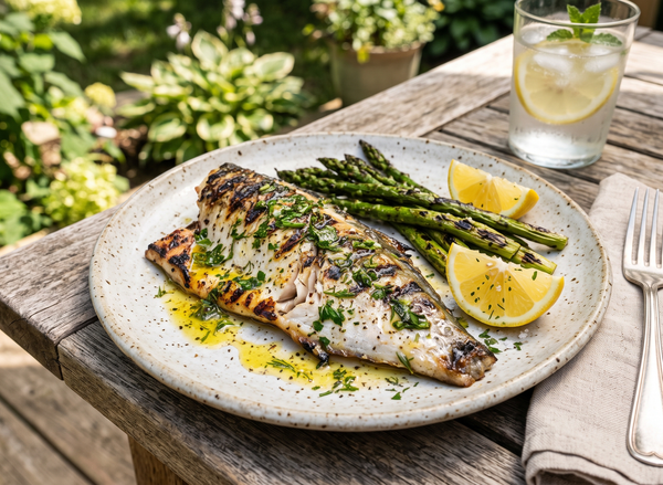 A freshly grilled bluefish fillet drizzled with herb and lemon vinaigrette on a rustic plate alongside charred asparagus and lemon wedges.
