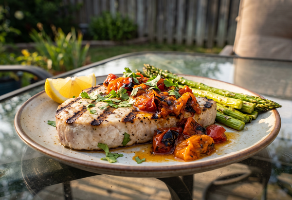 A grilled wahoo fillet with prominent grill marks topped with a chunky red tomato relish on a plate next to roasted asparagus.