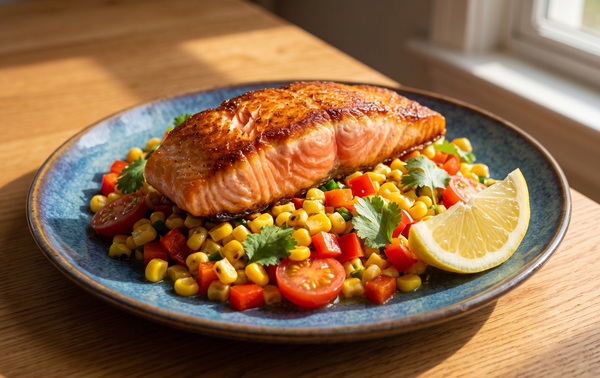 A perfectly pan-seared pink salmon fillet with a crispy crust served over a colorful sweet corn, tomato, and pepper salad on a blue ceramic plate.