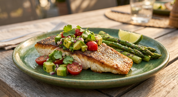 A pan-seared sea bass fillet topped with a chunky avocado, tomato, and red onion salsa, served on a green plate alongside grilled asparagus.