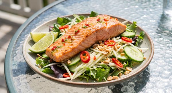 A grilled salmon salad featuring shredded green papaya, fresh cucumbers, and crushed peanuts tossed in a chili-lime dressing on a ceramic plate.