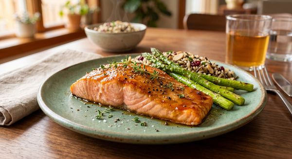 A plated apple cider-glazed wild salmon fillet garnished with fresh thyme, served alongside roasted asparagus and wild rice on a rustic table.