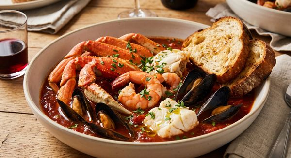 A bowl filled with tomato-based seafood stew containing Dungeness crab, shrimp, mussels, and cod, garnished with parsley and served with toasted sourdough bread on a wooden table.