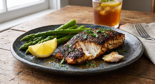 A pan-seared blackened redfish fillet with a dark spice crust, served on a ceramic plate with steamed green asparagus and a lemon wedge.