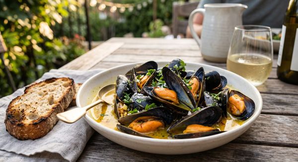 A wide bowl filled with open blue mussels in a vibrant yellow saffron and garlic broth, garnished with parsley and served with a slice of crusty bread.