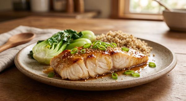 A baked lingcod fillet with a caramelized golden miso glaze, garnished with scallions and sesame seeds, served alongside steamed baby bok choy and quinoa on a ceramic plate.