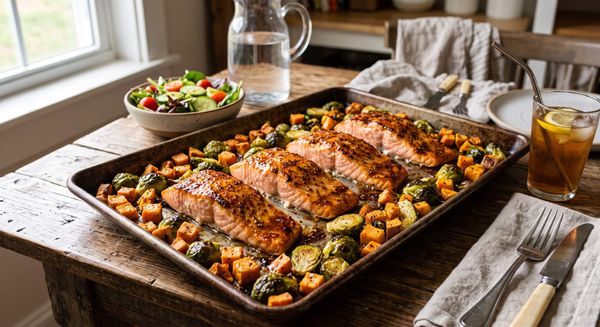 A baked salmon fillet coated in a caramelized maple and mustard glaze on a sheet pan with roasted Brussels sprouts and diced sweet potatoes.