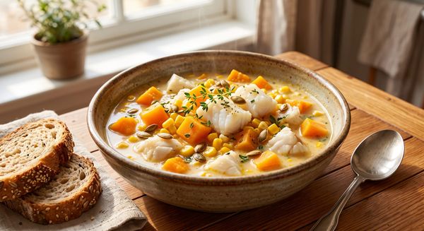 A warm bowl of pumpkin seafood chowder with flaky whitefish and sweet corn on a wooden table, served with a side of crusty bread.