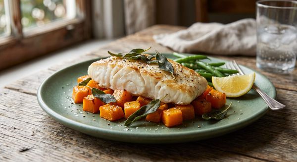 A roasted Pacific cod fillet served over caramelized cubes of butternut squash and garnished with crispy sage leaves on a green ceramic plate.
