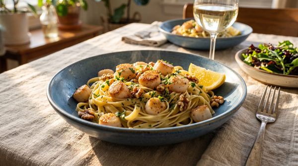 A shallow blue bowl filled with fettuccine pasta, golden seared bay scallops, and toasted walnuts, garnished with fresh green parsley and a lemon wedge on table cloth..