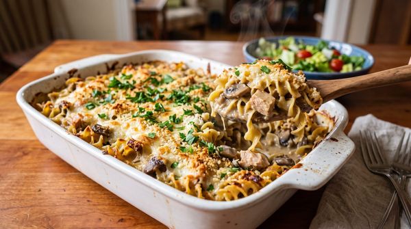 A freshly baked golden-brown tuna and noodle casserole topped with melted Gruyère cheese and parsley, served in a ceramic baking dish on a finished wooden table next to a green side salad.