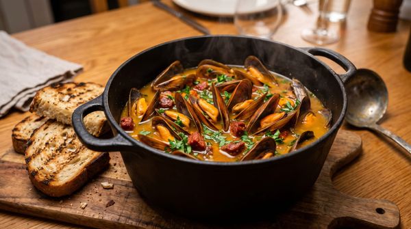 A rustic cast-iron pot filled with vibrant steamed mussels, chorizo pieces, and fresh parsley in a golden cider broth, served with crusty bread on a warm wooden dining table.