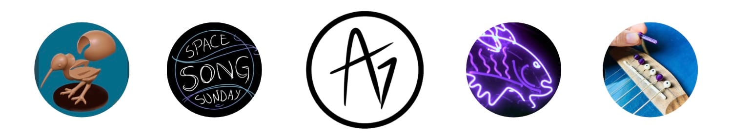 Header with circular images: 3d model of a kiwi bird; "Space Song Sunday" logo; my "AG" logo; neon art of a fish; 3D-printed guitar string pins.